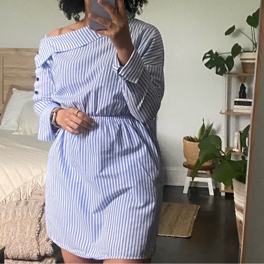 Who What Wear Blue and White Asymmetrical Dress